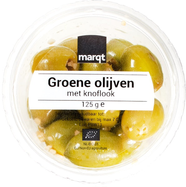 Organic Green Olives with Garlic 125g (pitted)